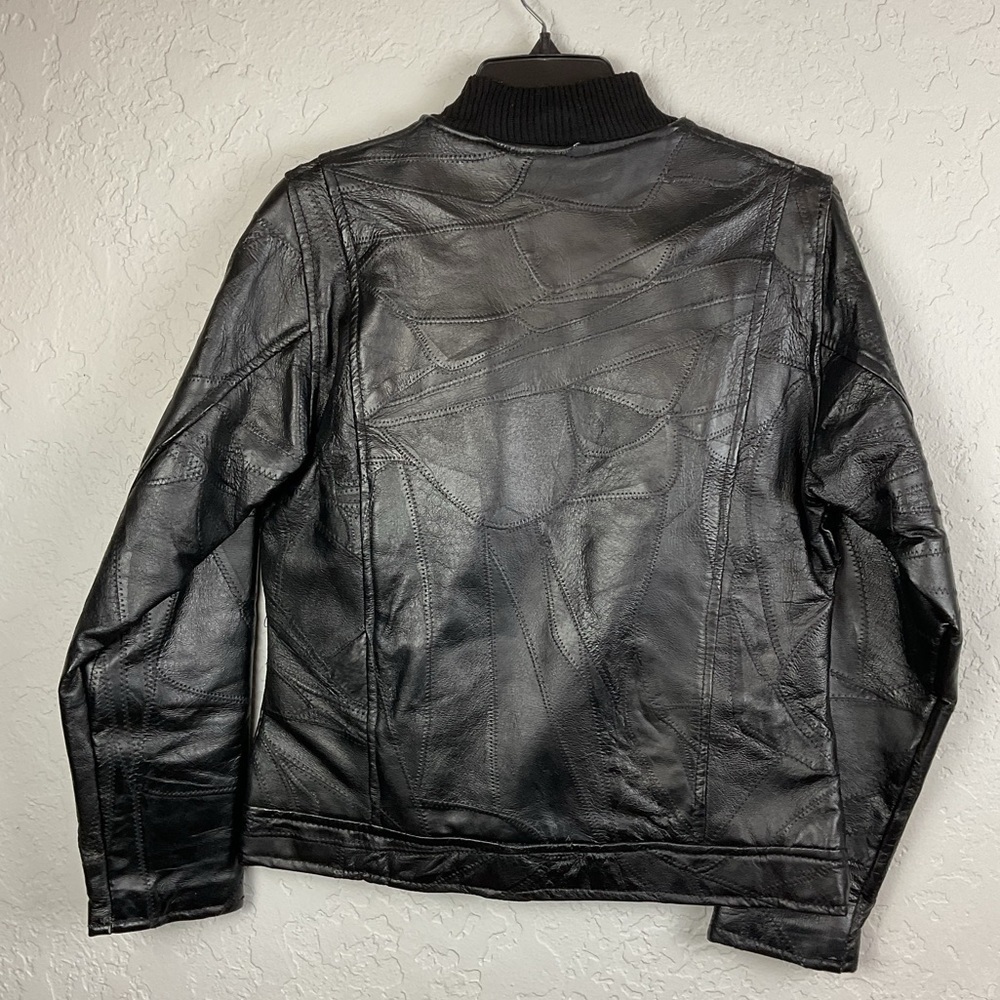 M. Collection Women’s Black Leather Patchwork Zip Up Bomber Jacket Sz Med - Picture 2 of 15